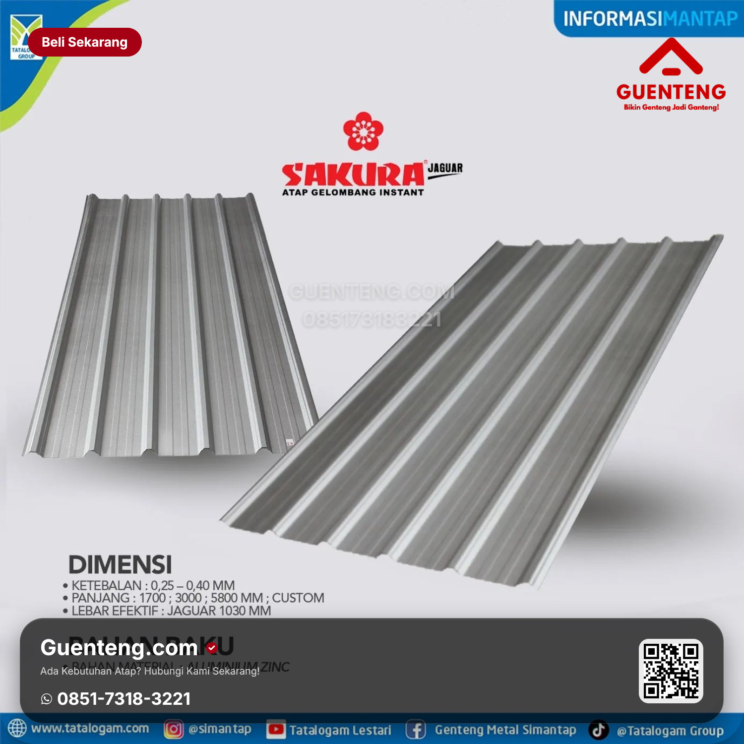 Jual Genteng SAKURA JAGUAR 30 SILVER 4.0 4.0m Murah Berkualitas Jabodetabek