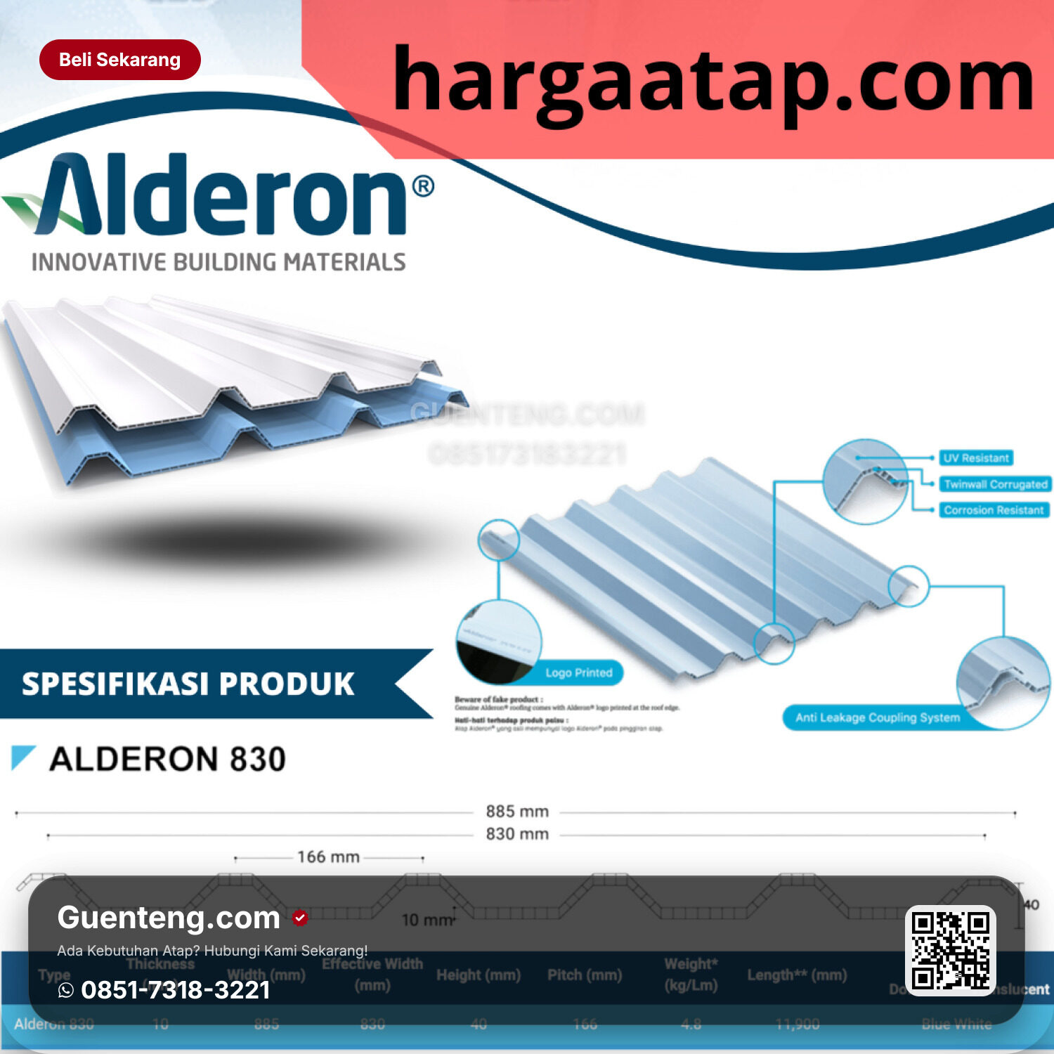 Plastik uPVC Alderon Atap Alderon 830 White Blue White Blue M