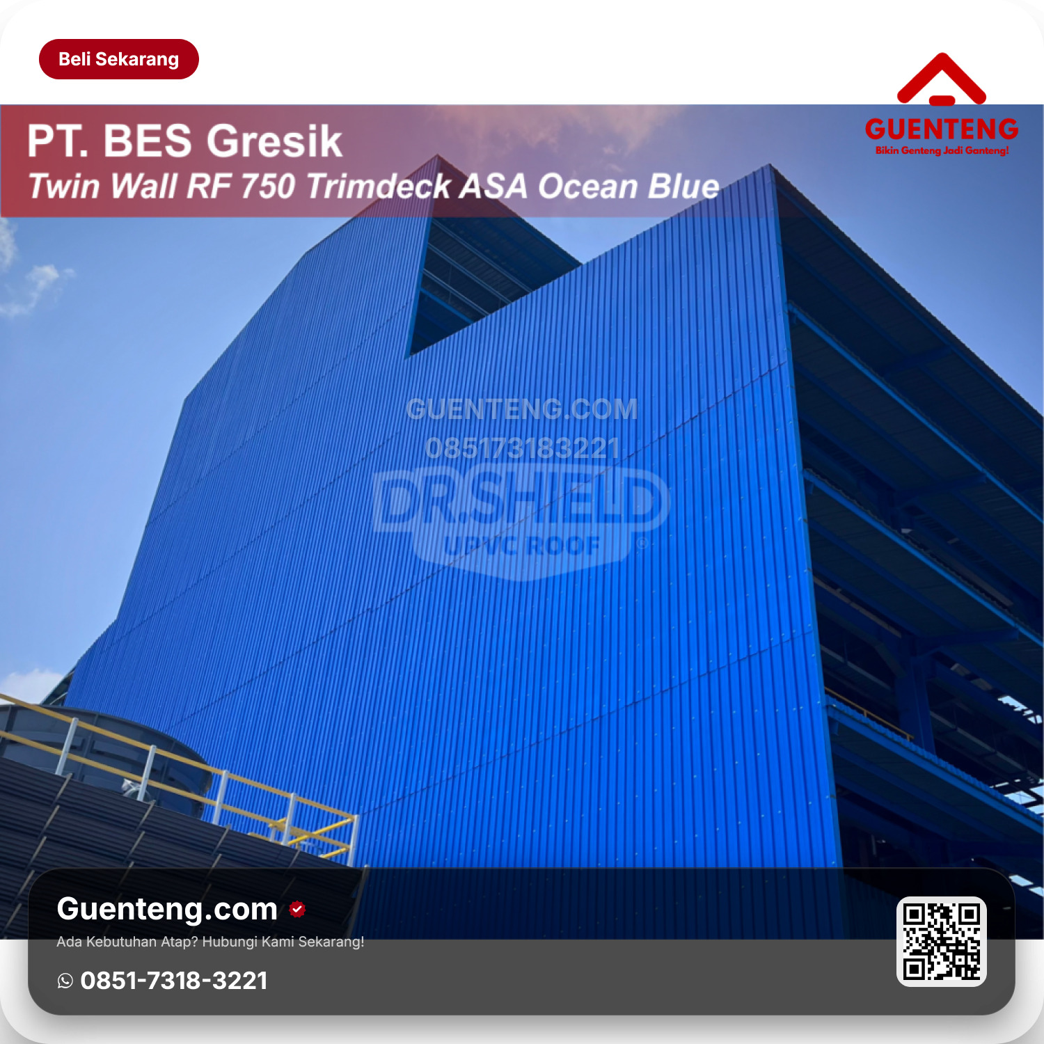Atap Plastik uPVC Dr.Shield Single Wall RF 750 mm Trimdeck ASA Ruby Maroon/Ocean Blue PREMIUM 1.5