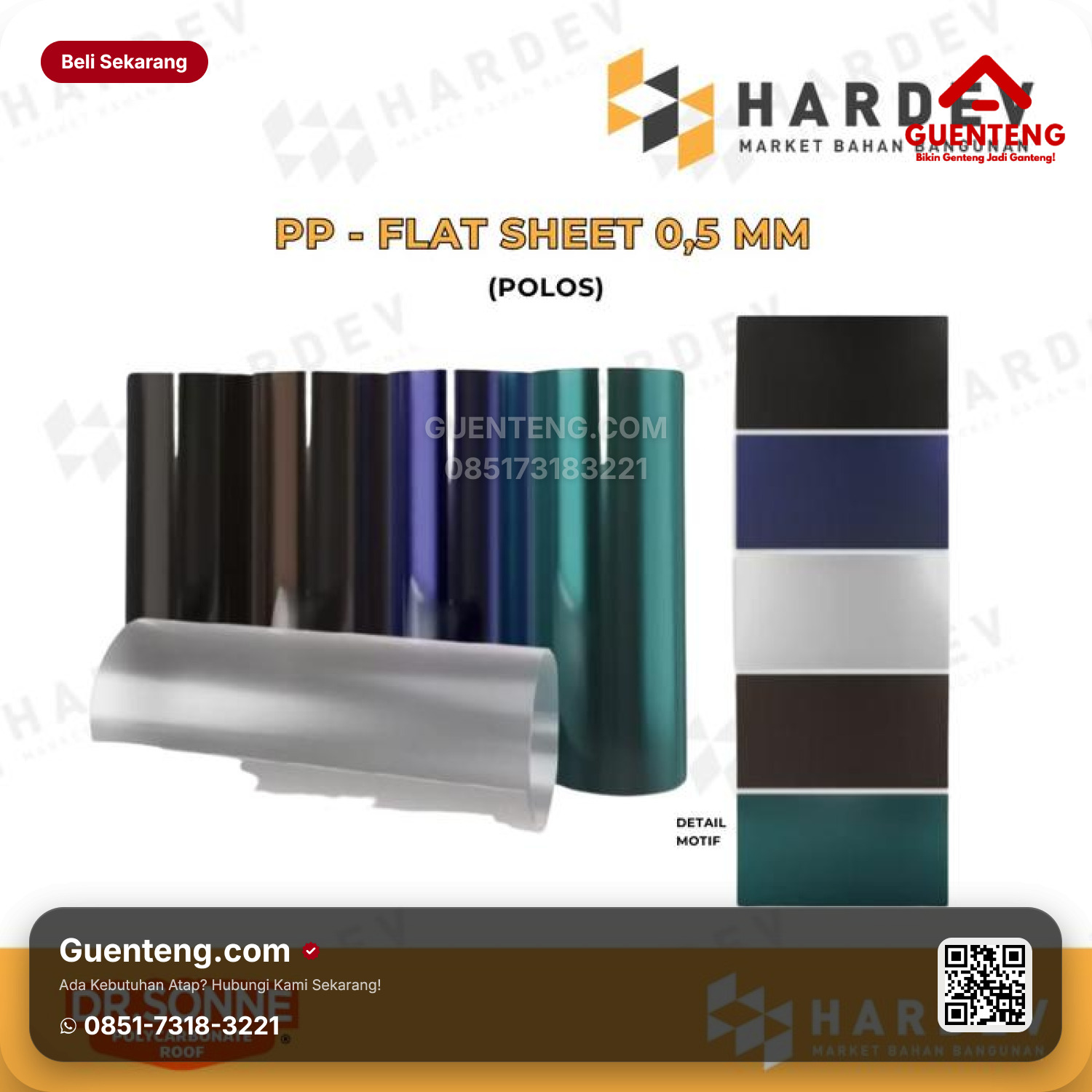 Atap Plastik uPVC Dr.Sonne PP-Flat Sheet 0.5 mm Harga/lembar Solid Clear TR/Blue/Green