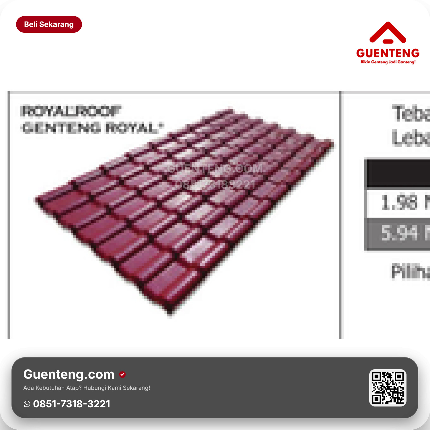 Genteng Plastik uPVC ROYAL ROOF Royal® (Panjang 1.98 M) Tebal ±2.6 mm, Lebar 1.04 M (efektif 0.96 Panjang efektif 1.76 = 2.06 m² 1.69 m²) Warna: Merah, Hijau, Abu