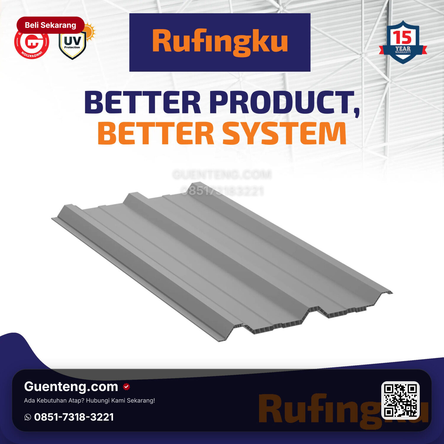 Plastik uPVC Rufingku Atap uPVC Rufingku 430 15 mm Grey White Black Blue M