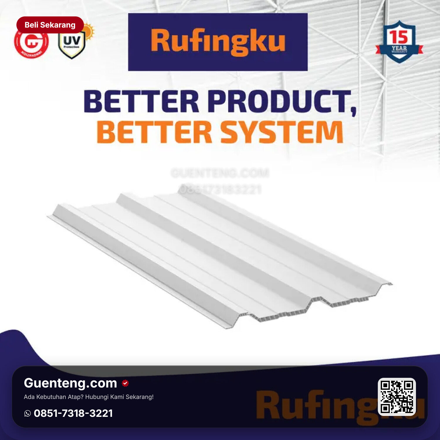 Atap Plastik uPVC RUFINGKU Genteng Utama Atap uPVC RUFINGKU 430 – 15 mm Grey / White / Black / Blue