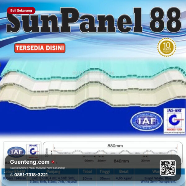Plastik uPVC Sunpanel Sunpanel 88 Atap uPVC Biru Doff White Tahan Asam Pcs