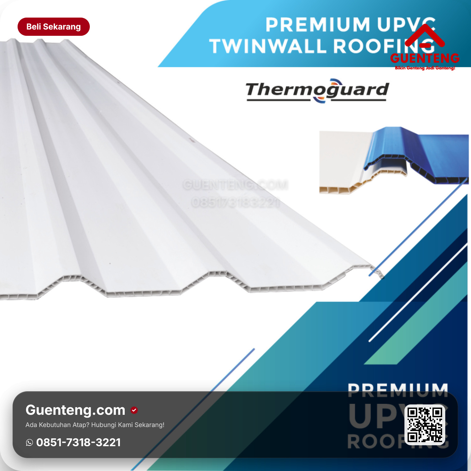 Atap Plastik uPVC Thermoguard Hollow Roof White, Grey, Light Blue (Hollow / Double Layer) W: 930mm (Efektif 870mm) x L: Custom (0.5 11.5m) T: 10mm /meter