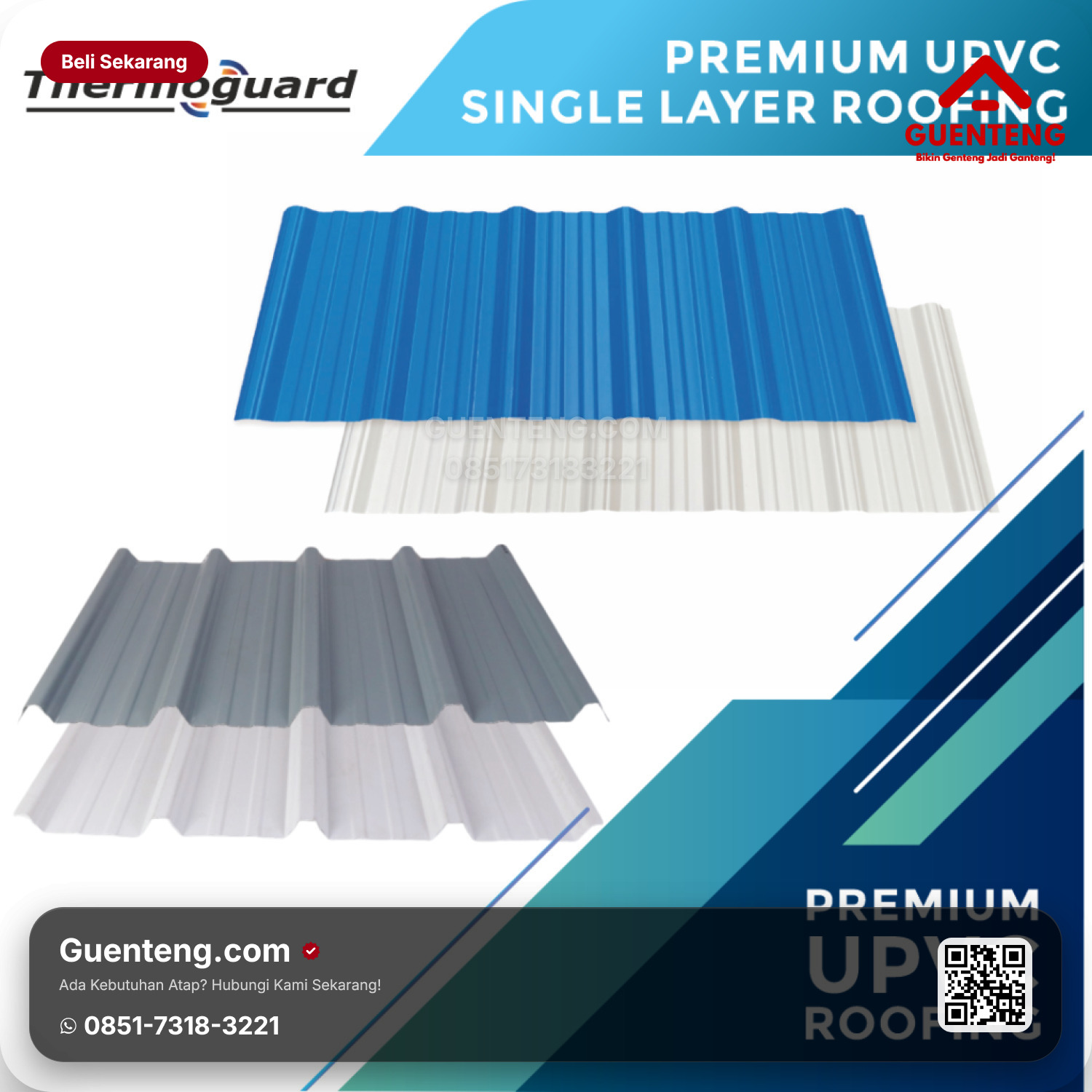 Atap Plastik uPVC Thermoguard Single Layer Roof White (Single Layer) W: 1130mm (Efektif 1050mm) x L: Custom (0.5 11.5m) T: 1.2mm /meter