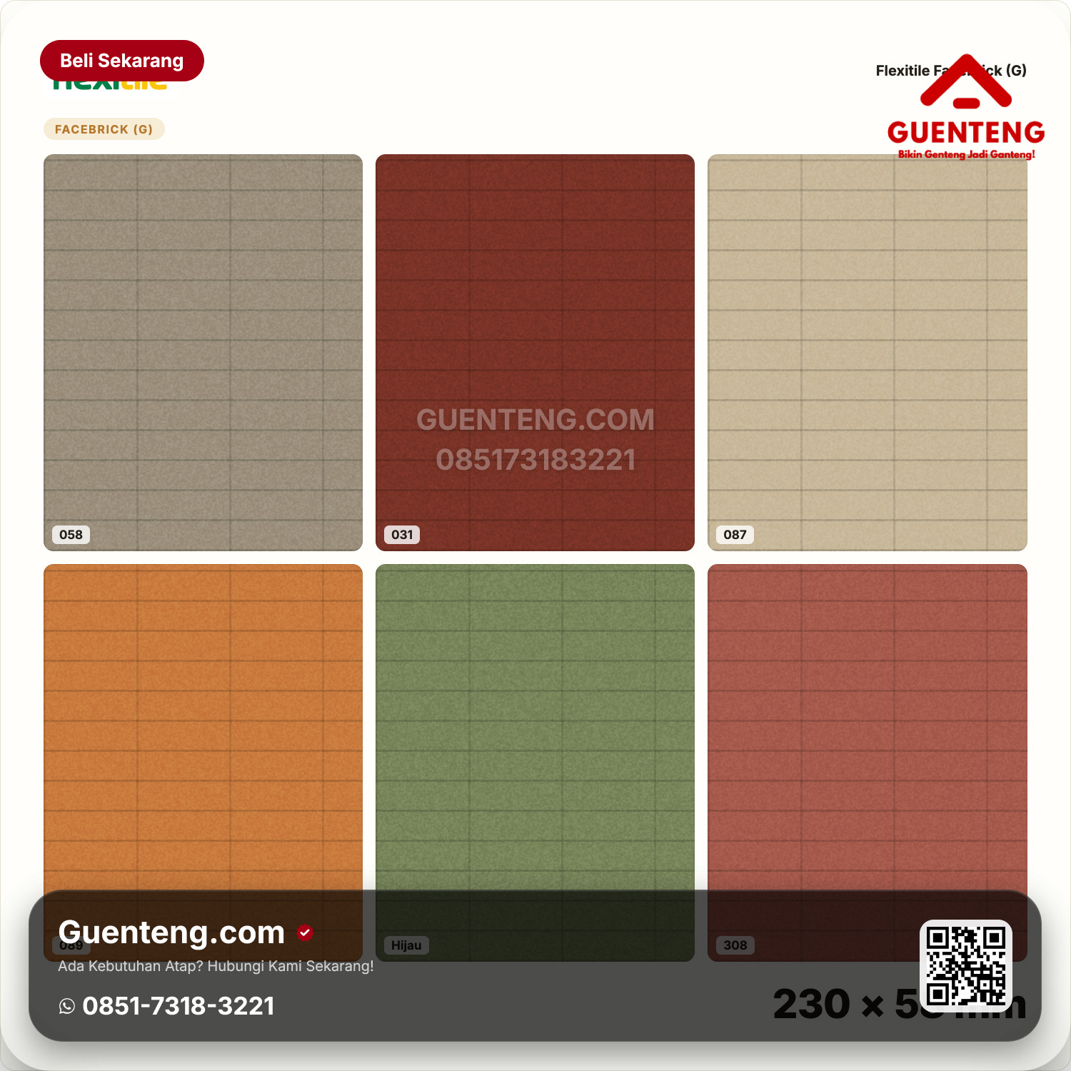 Genteng Flexitile Facebrick (G) 058, 031, 087, 089, Hijau, 308, 317