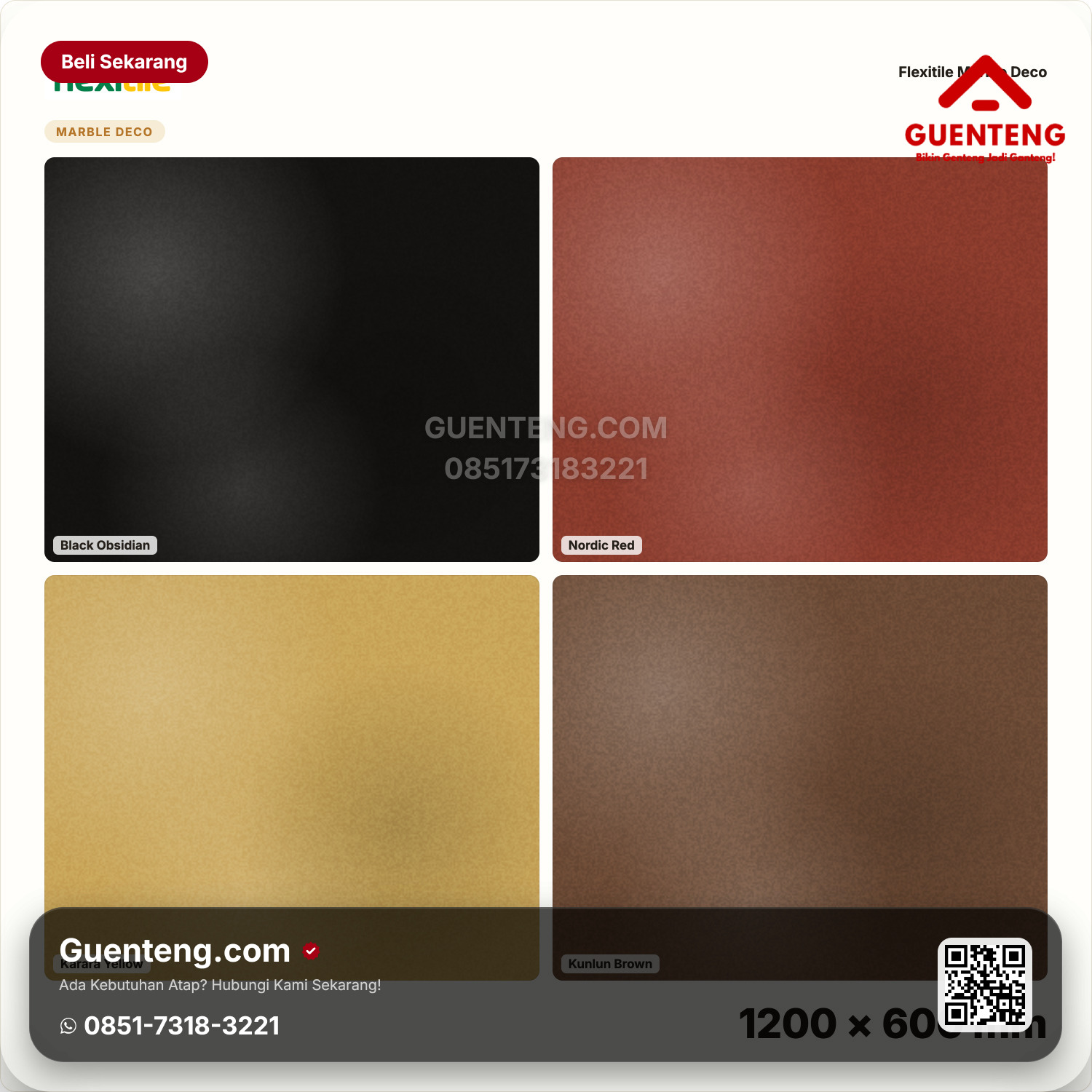 Genteng Flexitile Marble Deco Black Obsidian, Nordic Red, Kunlun Brown, Karara Yellow